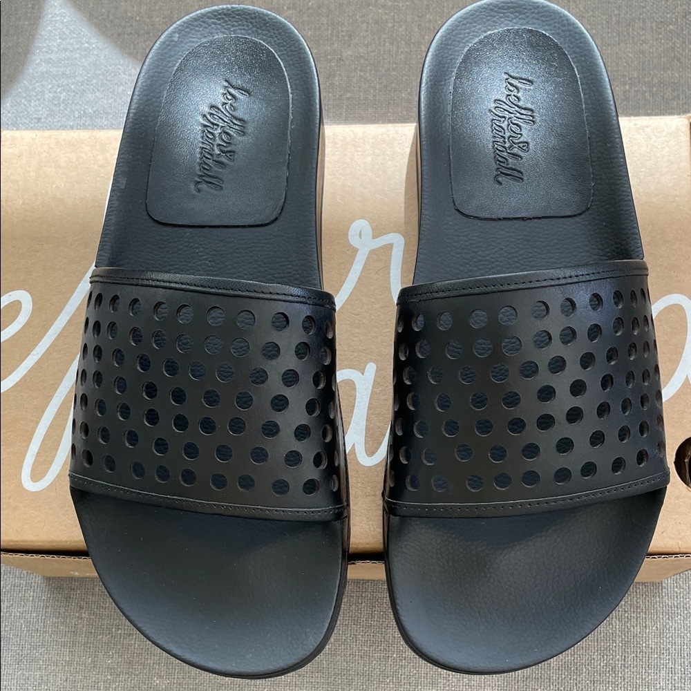 NWT, Loeffler Randall Black Slide Sandals with Perforated Strap, Size 9.